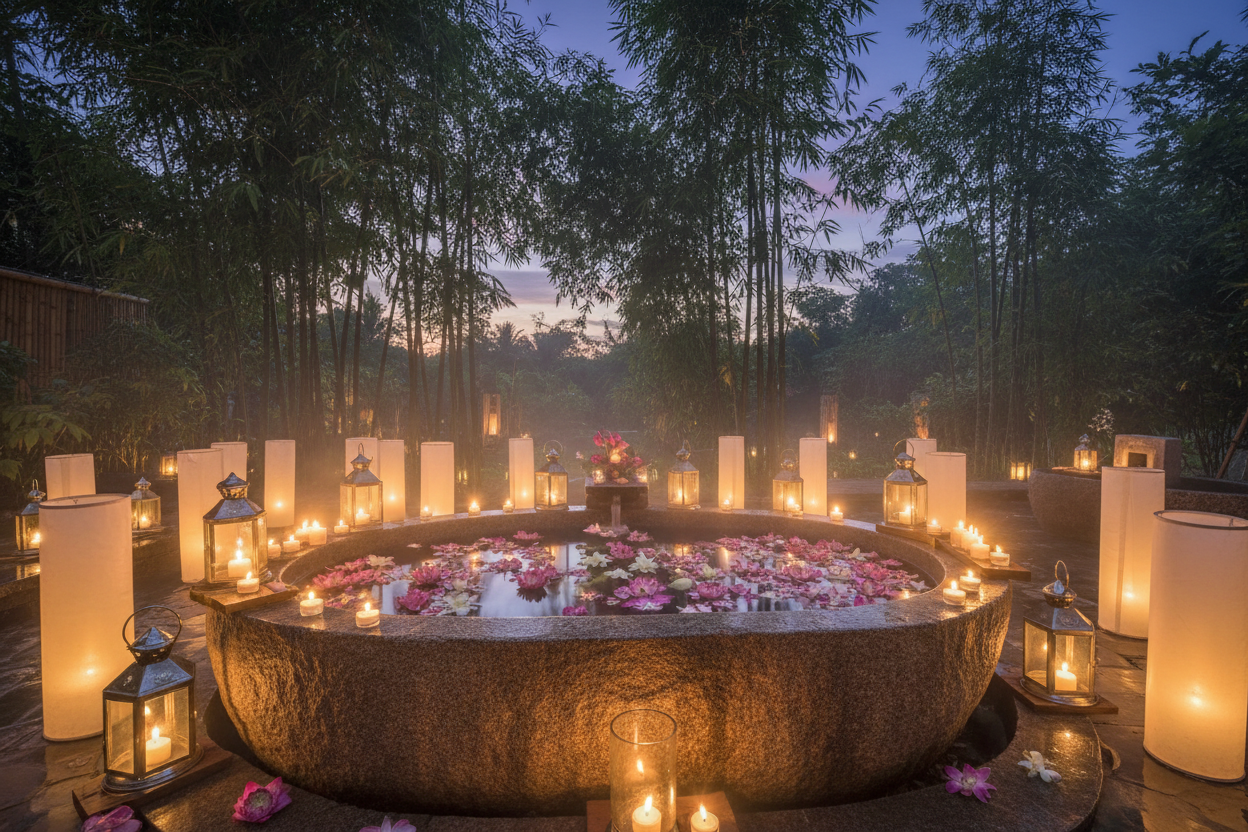 Outdoor Stone Bath at Dusk